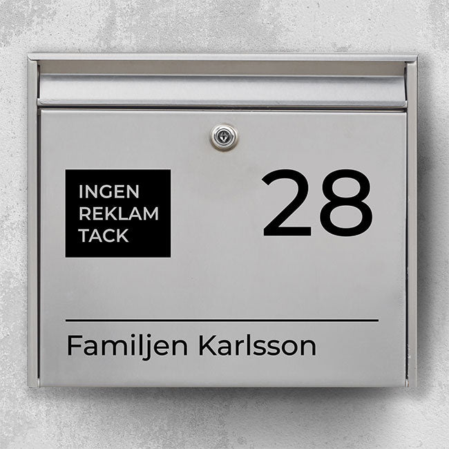 Brevlådeetikett – med "Ingen reklam", stort husnummer och efternamn (baslinje)