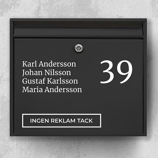Brevlådeetikett - lista med namn och stort husnummer + "Ingen reklam"-märke
