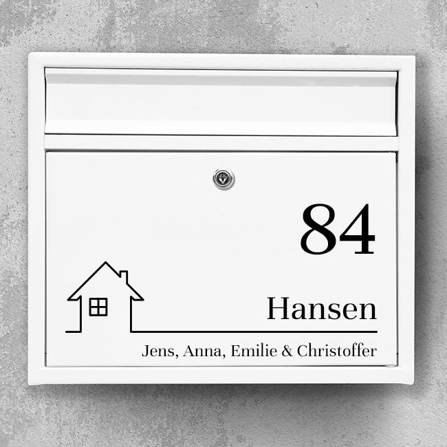 Brevlådeklistermärke – husikon, stort husnummer och efternamn
