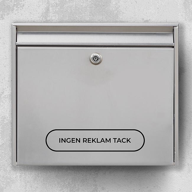 Brevlådeetikett – ”Ingen reklam tack” i kapselram (rundade ändar)