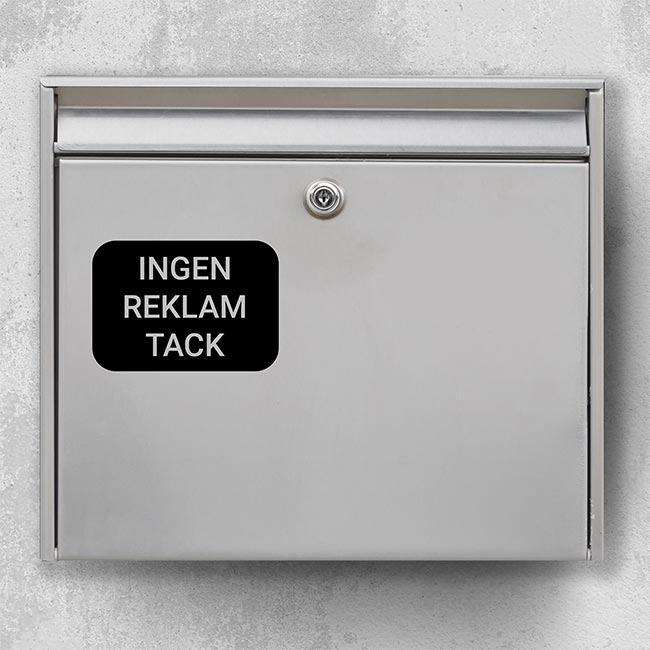Brevlådeetikett – ”Ingen reklam tack” i rundad rektangel