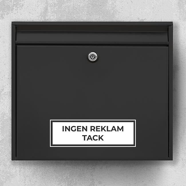 Brevlådeetikett – ”Ingen reklam tack” i rektangulärt märke med dubbel kant