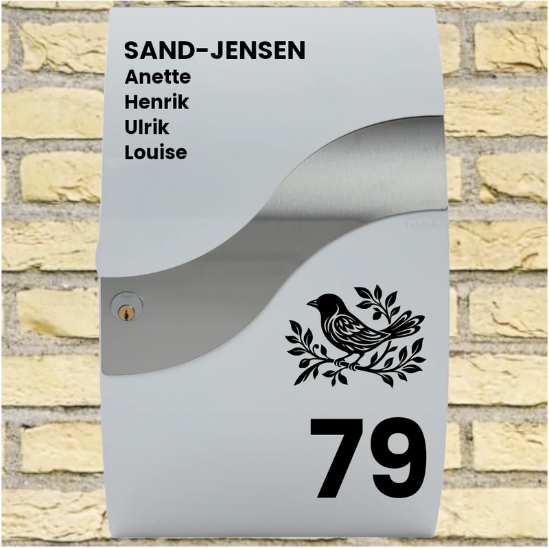 Brevlådedekaler – Wave-layout med fågelmotiv, efternamn, förnamn & husnummer
