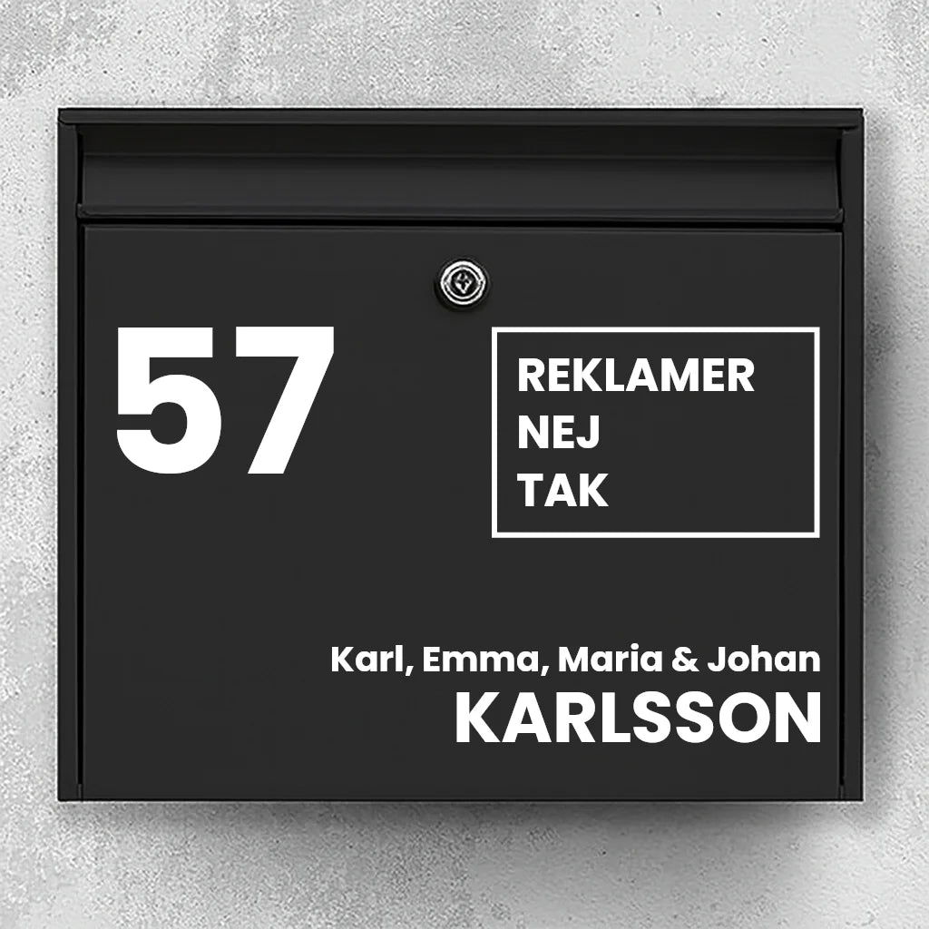 Brevlådeklistermärke – stort husnummer, reklamfritt fyrkantigt märke och efternamn (med förnamnsrad) 