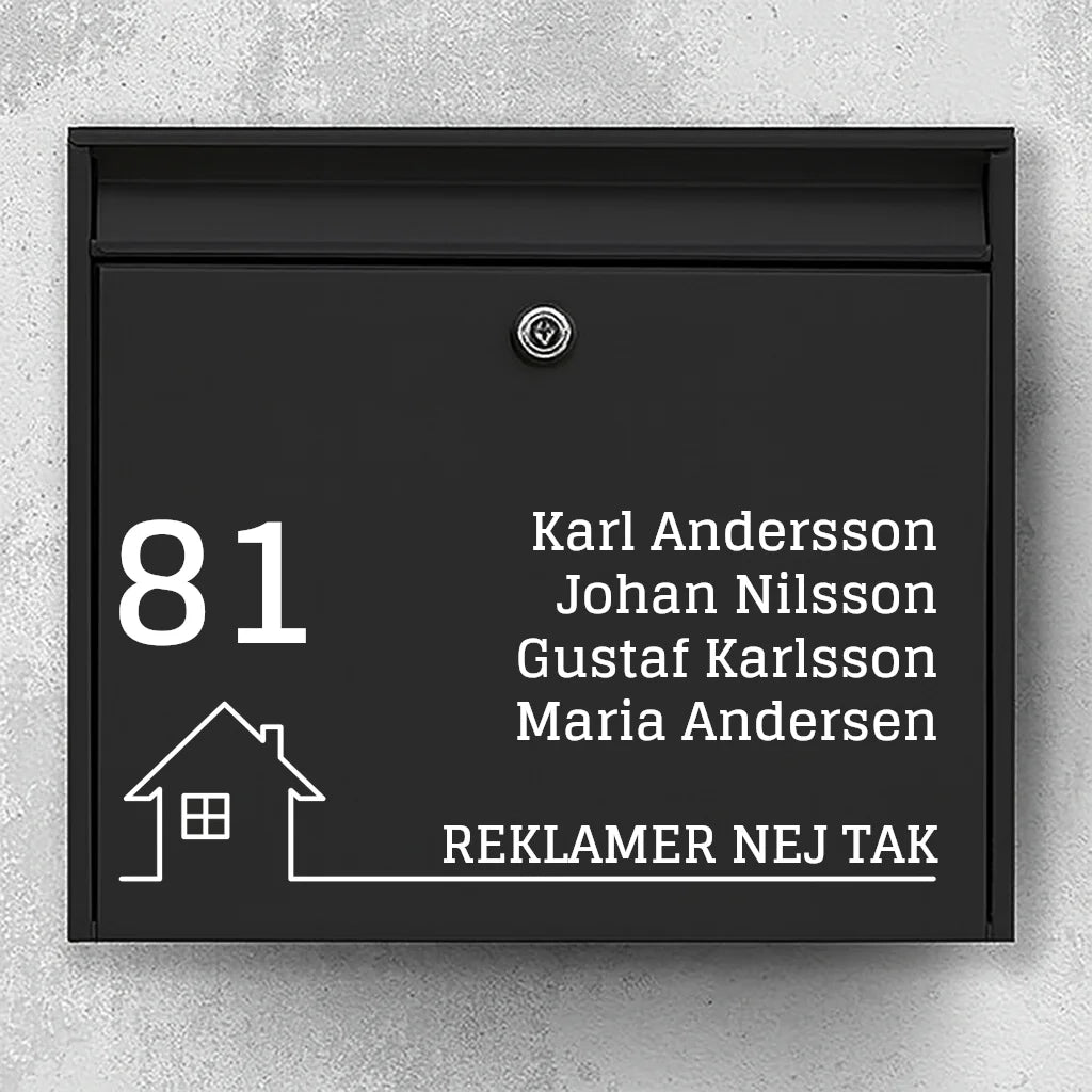 Brevlådeklistermärke - stort husnummer, namnlista och husikon med baslinjen "Ingen reklam" 