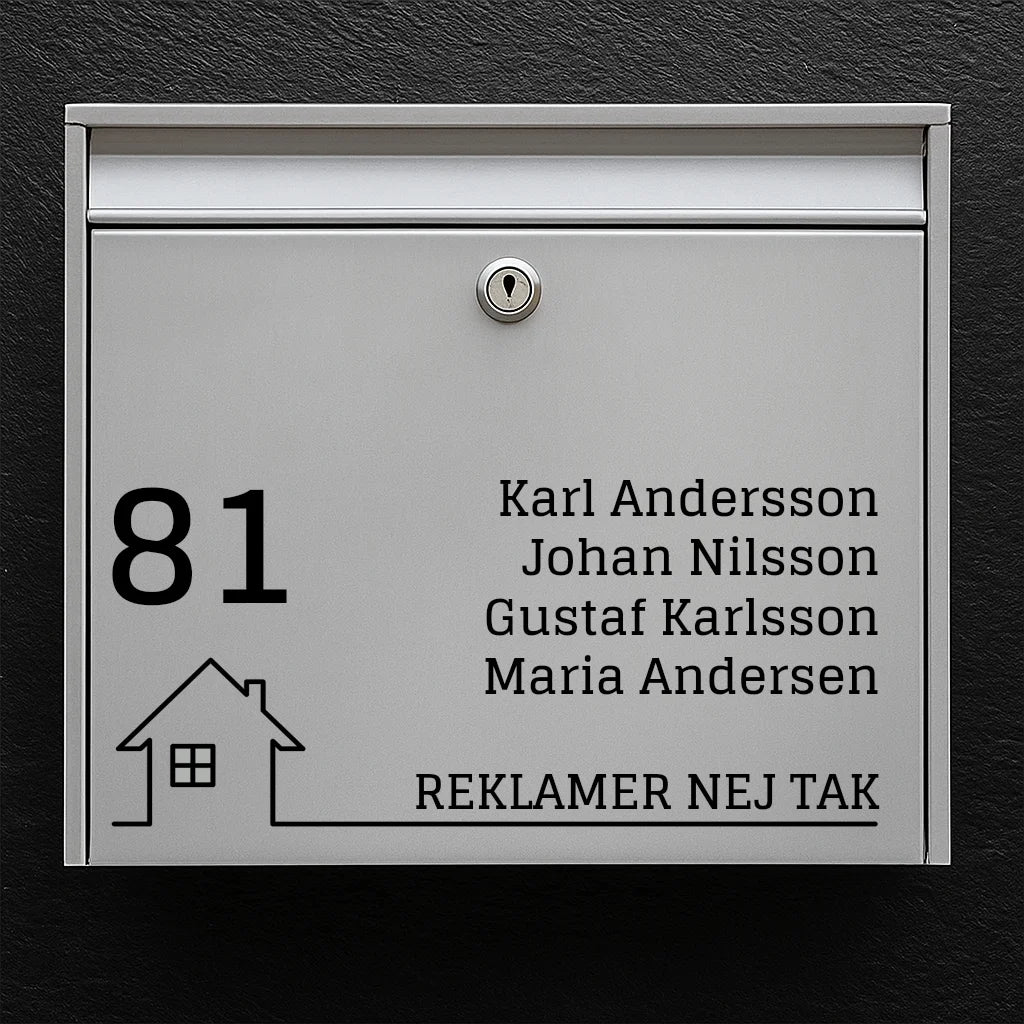 Brevlådeklistermärke - stort husnummer, namnlista och husikon med baslinjen "Ingen reklam" 