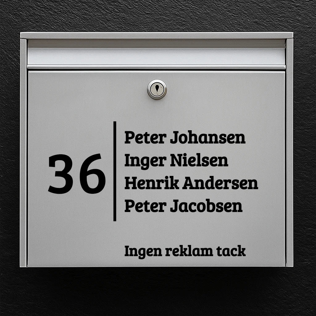 Brevlådeetikett – stort husnummer med vertikal avdelare, namnlista och linje med texten ”Ingen reklam” 