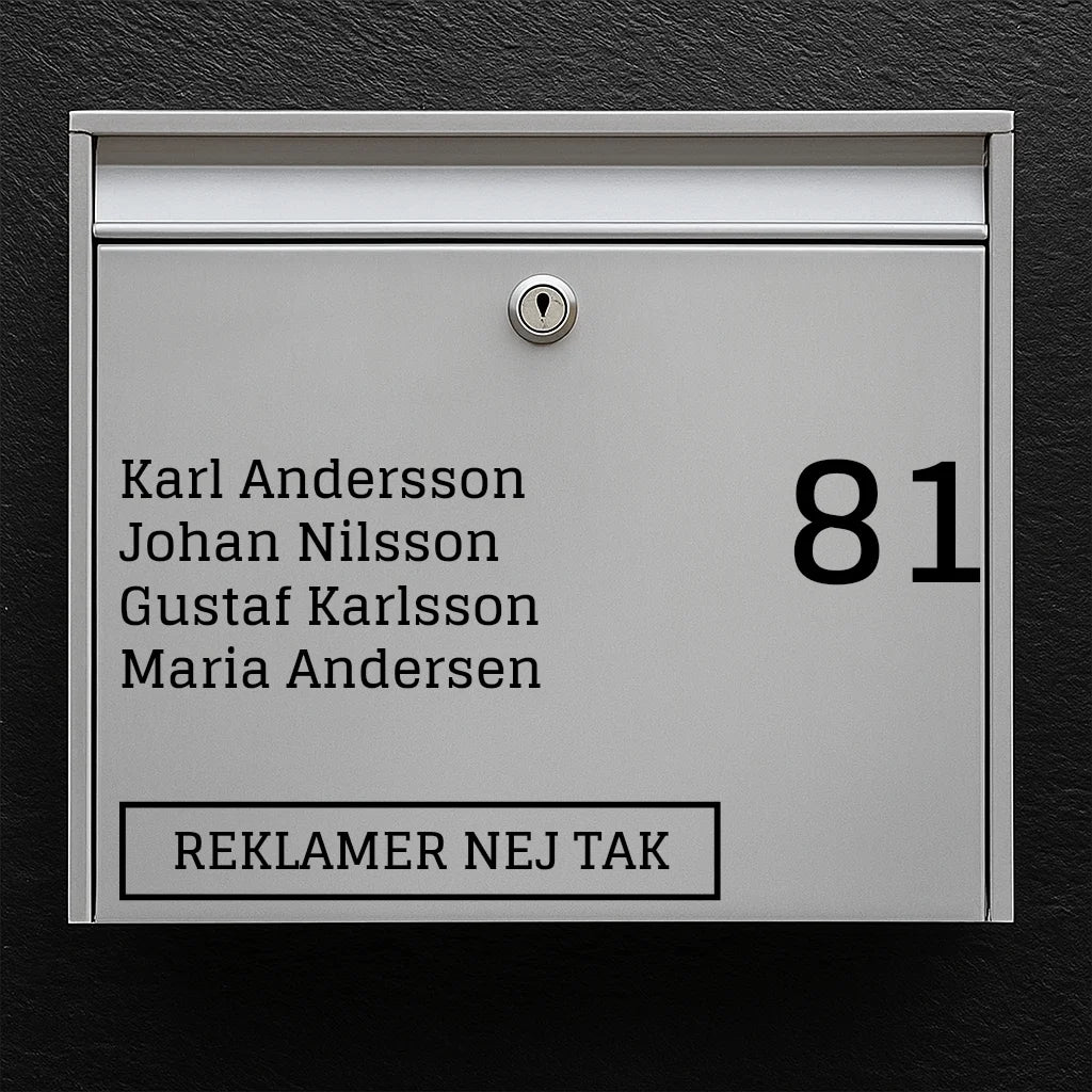 Brevlådeetikett - lista med namn och stort husnummer + "Ingen reklam"-märke 