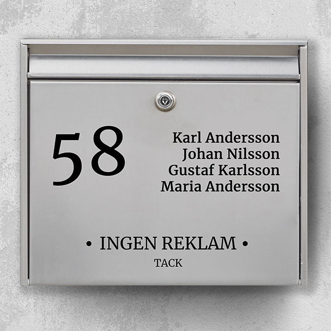 Brevlådans namnskylt - flera namn + husnummer och texten "Ingen reklam" - specialdesignad i slitstark utomhusvinyl