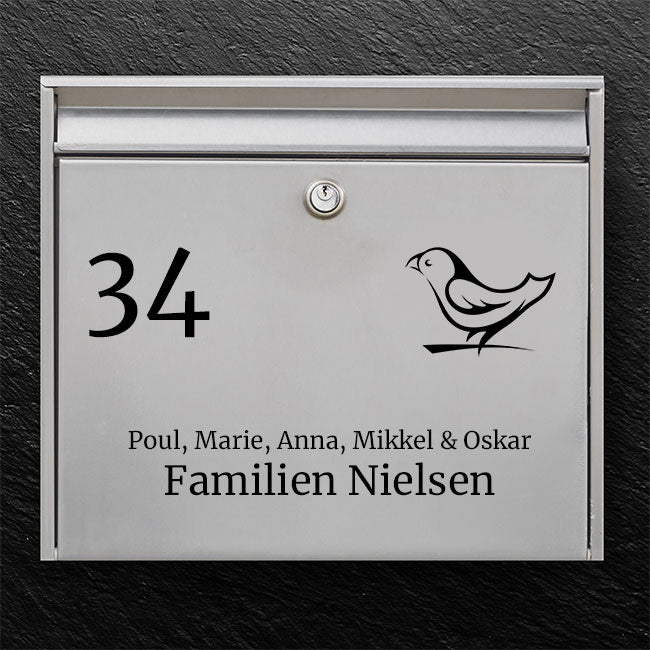 Brevlådeklistermärke – fågelikon med husnummer, efternamn och förnamn 