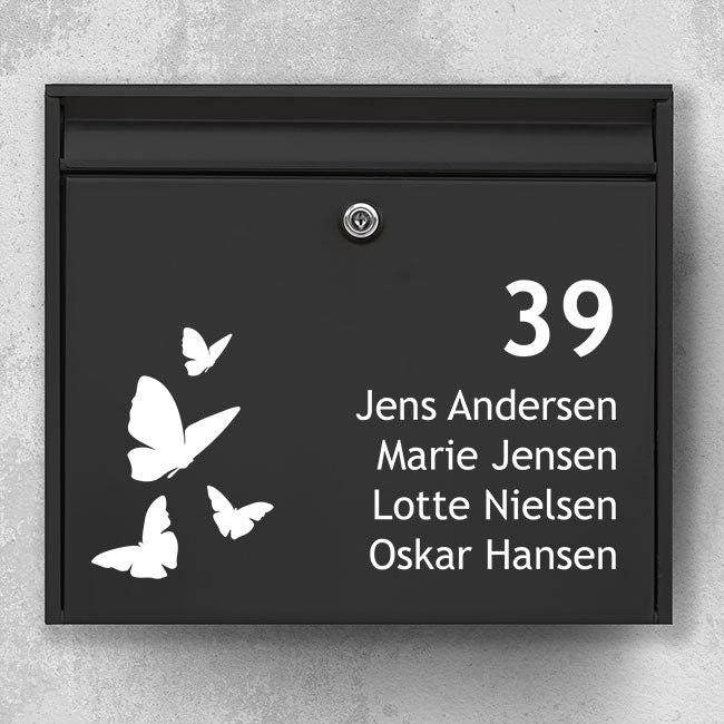 Brevlådeklistermärke – fjärilar med husnummer och namnlista