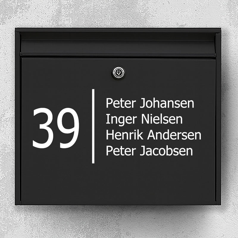 Brevlådeetikett med stort husnummer och vertikal avdelare - namnlista med flera rader - väderbeständig vinyl
