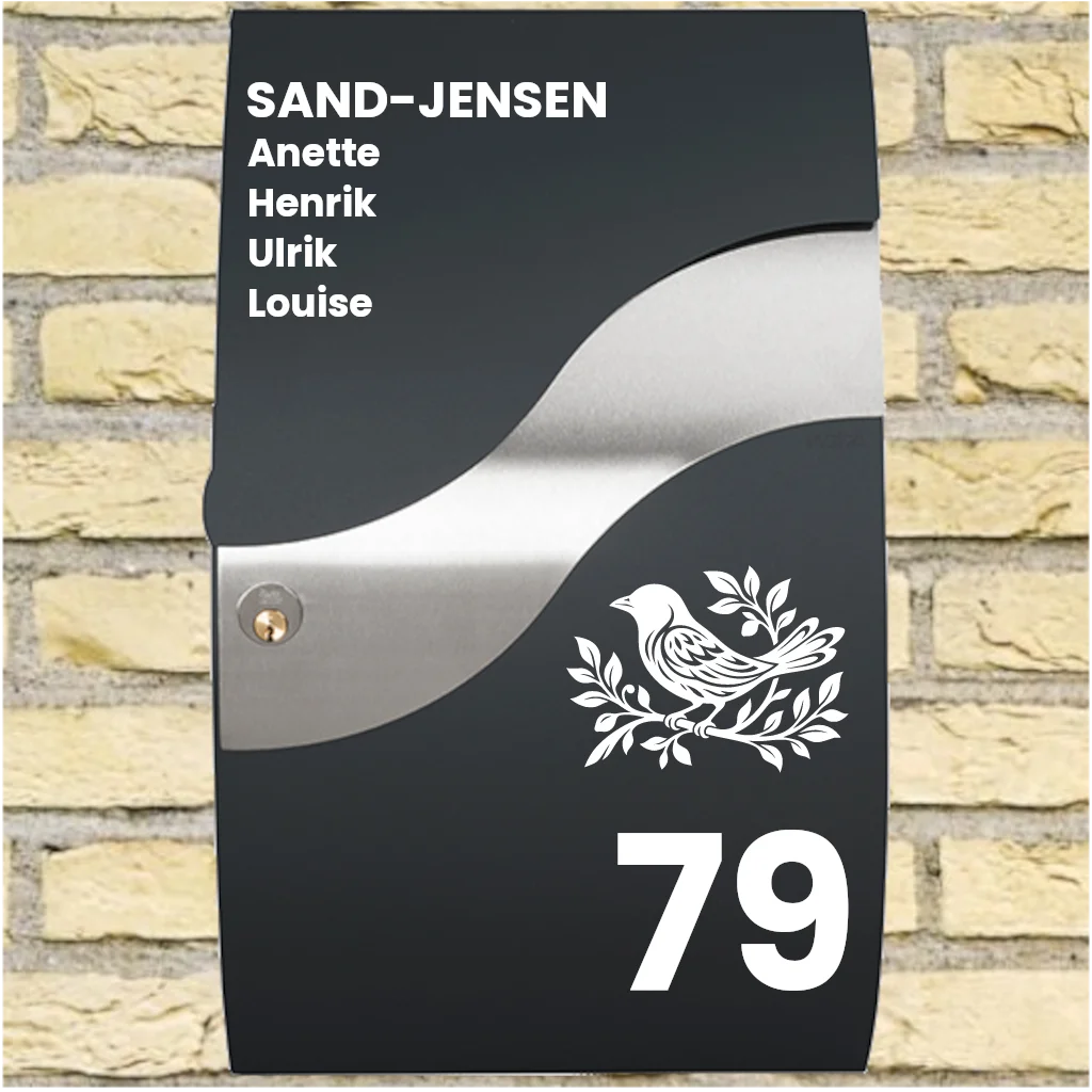 Brevlådedekaler – Wave-layout med fågelmotiv, efternamn, förnamn & husnummer
