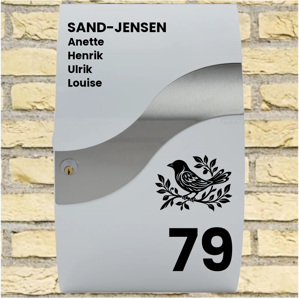 Brevlådedekaler – Wave-layout med fågelmotiv, efternamn, förnamn & husnummer