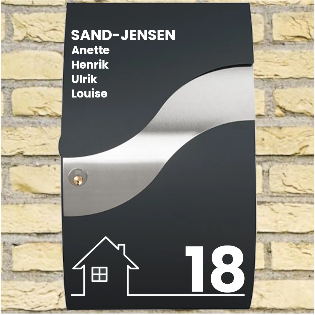 Brevlådedekaler – Wave-layout med husmotiv, efternamn, förnamn & husnummer