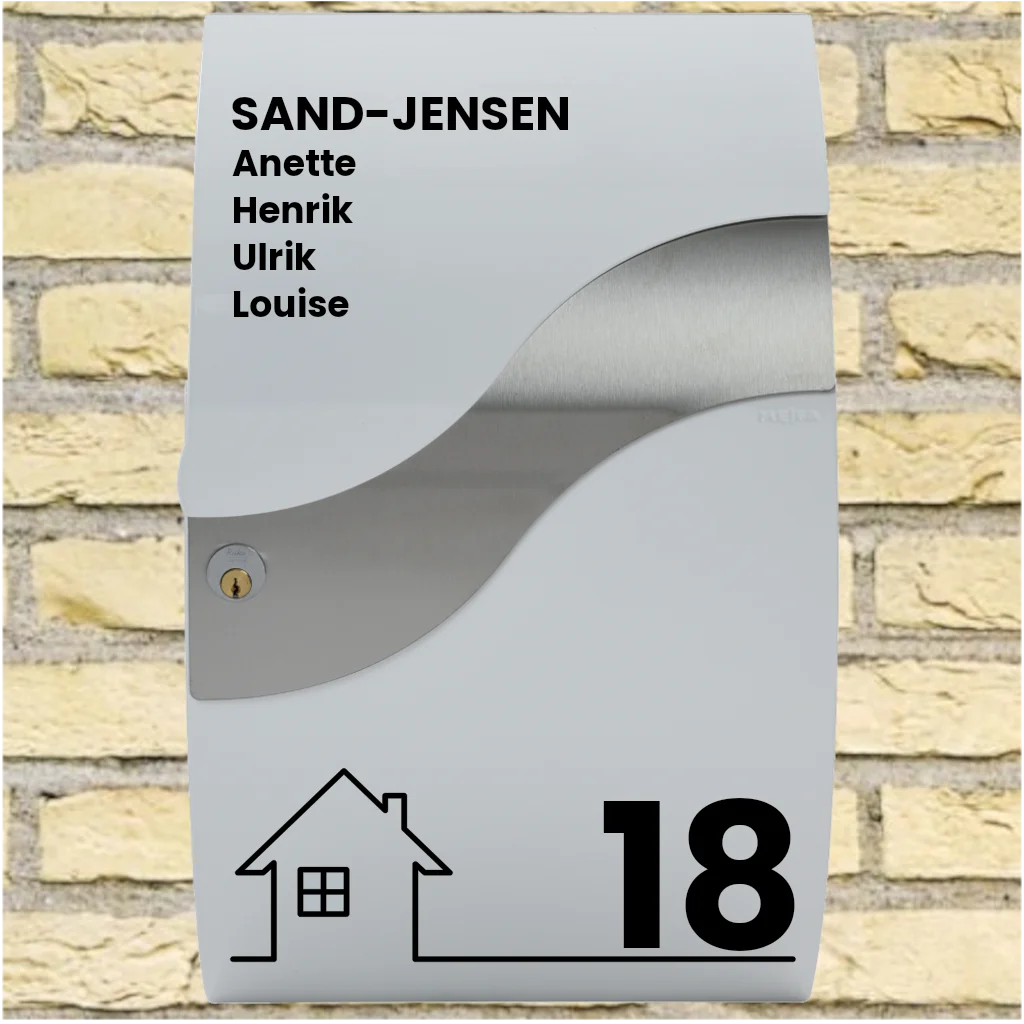 Brevlådedekaler – Wave-layout med husmotiv, efternamn, förnamn & husnummer