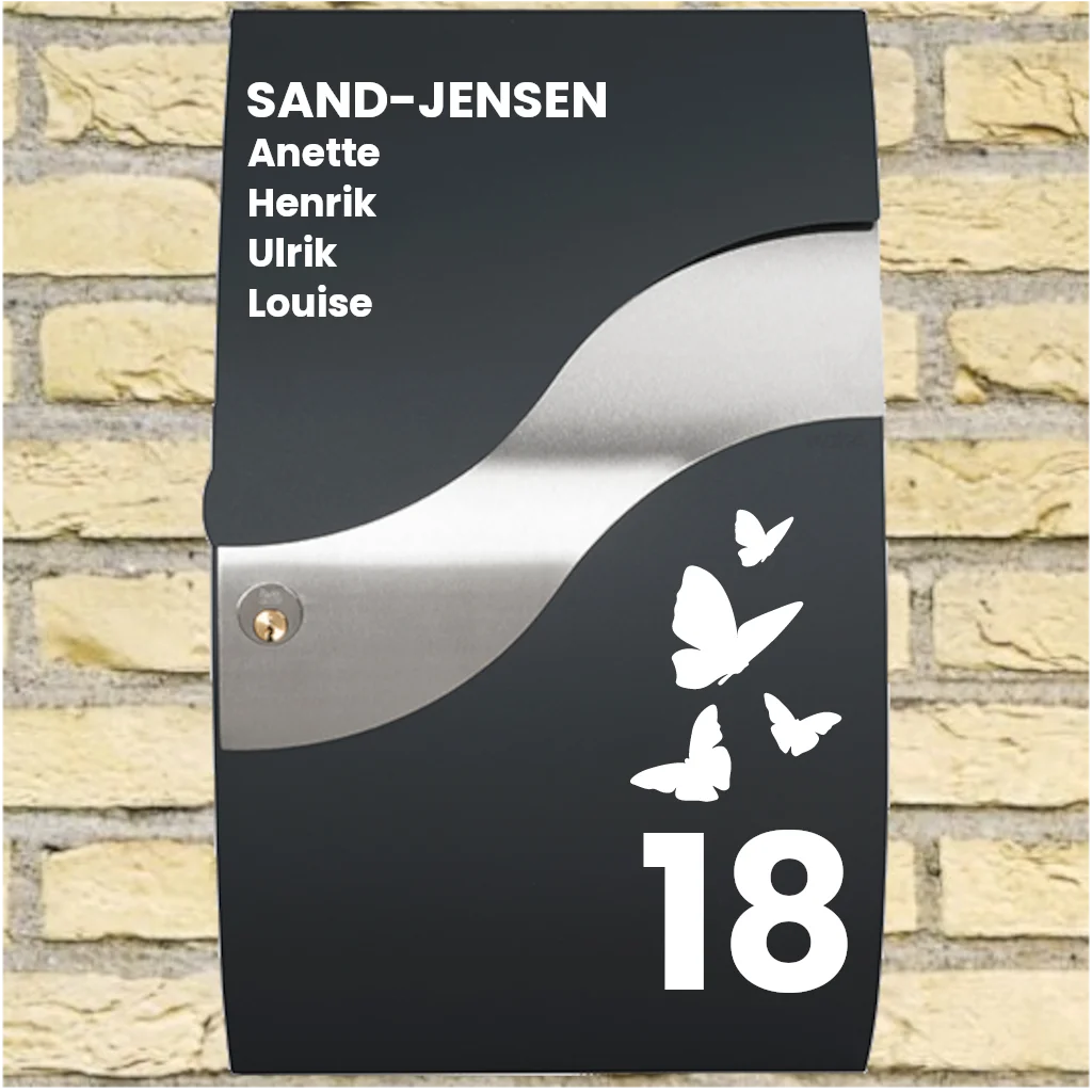 Brevlådedekaler – Wave-layout med fjärilsmotiv, efternamn, förnamn & husnummer
