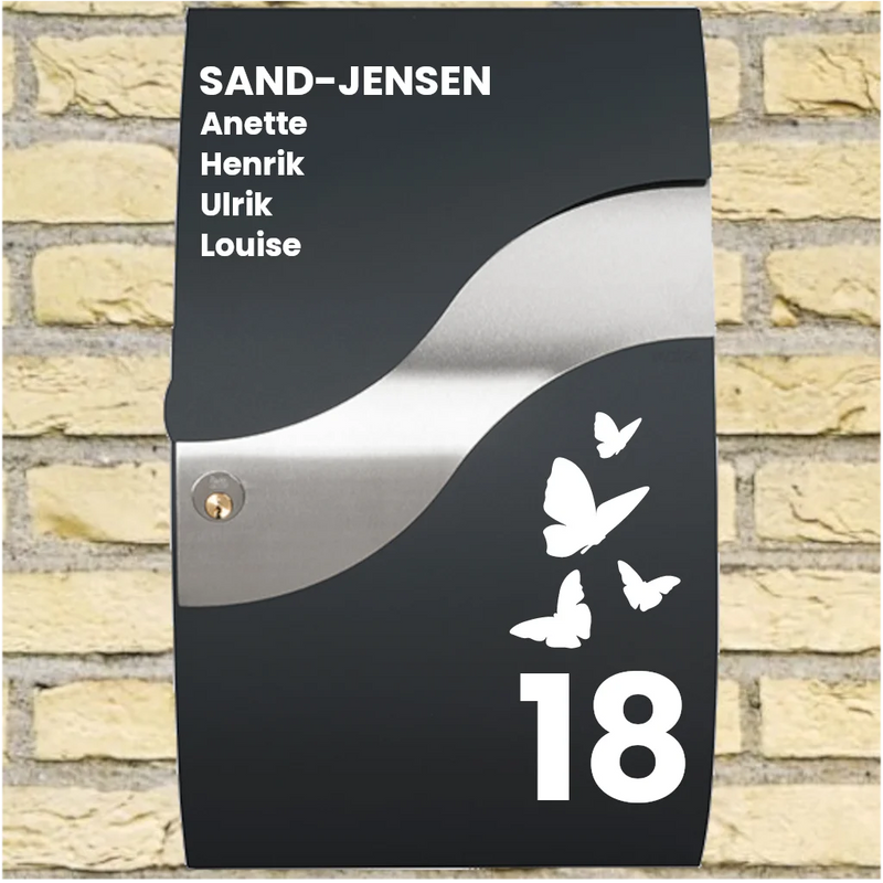 Brevlådedekaler – Wave-layout med fjärilsmotiv, efternamn, förnamn & husnummer
