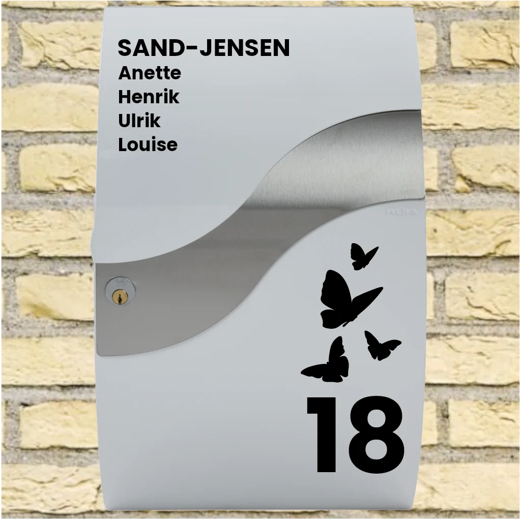 Brevlådedekaler – Wave-layout med fjärilsmotiv, efternamn, förnamn & husnummer
